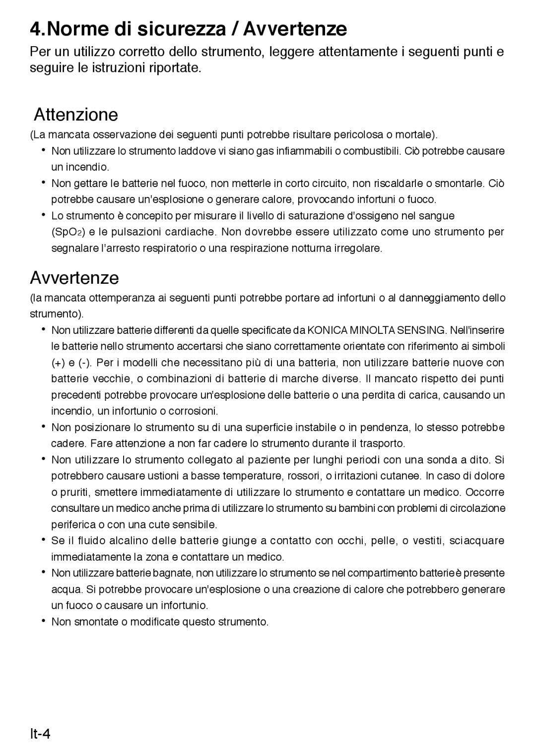 Konica Minolta PULSOXTM-2 instruction manual Norme di sicurezza / Avvertenze, Attenzione 