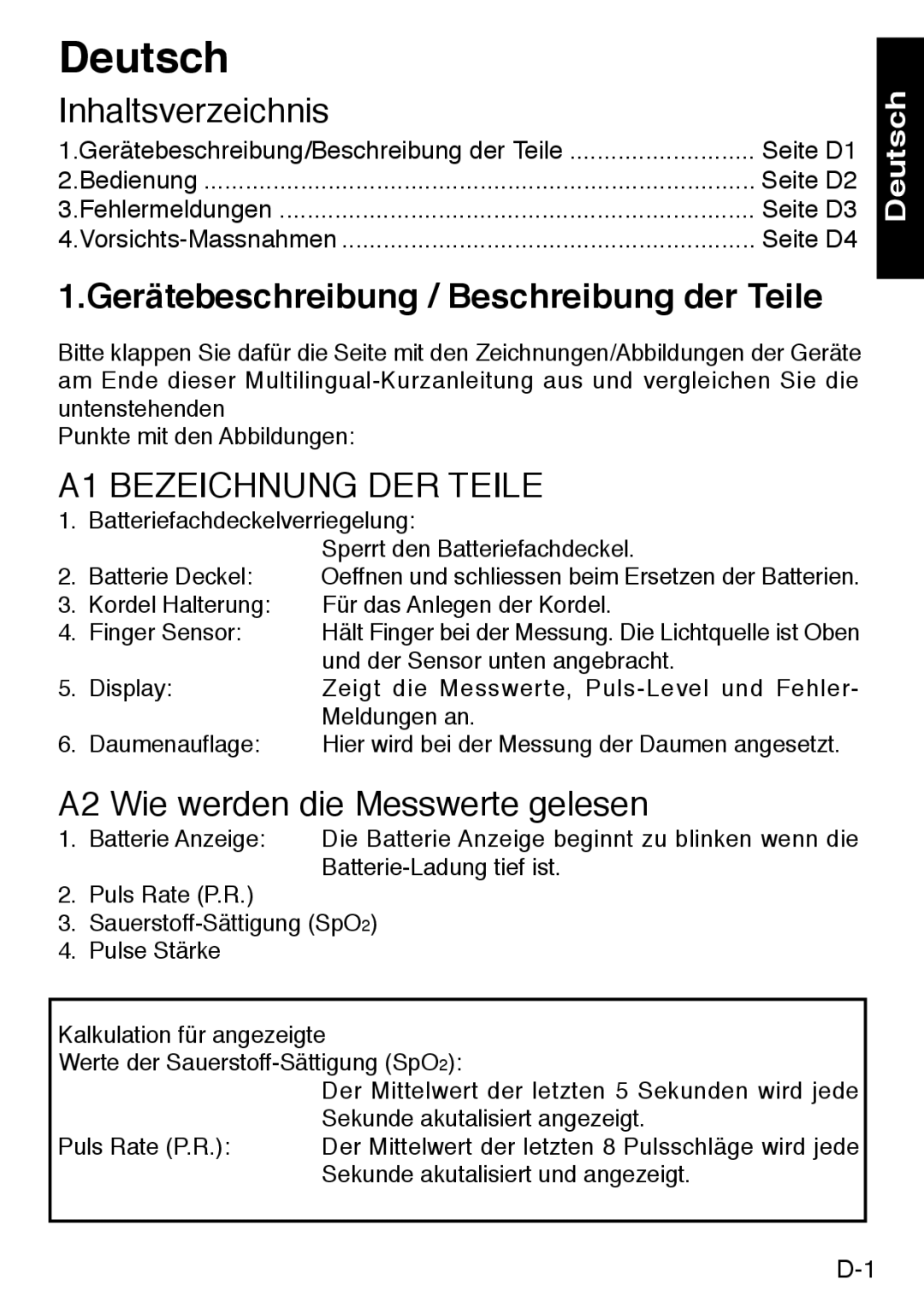 Konica Minolta PULSOXTM-2 instruction manual Deutsch, Inhaltsverzeichnis, Gerätebeschreibung / Beschreibung der Teile 