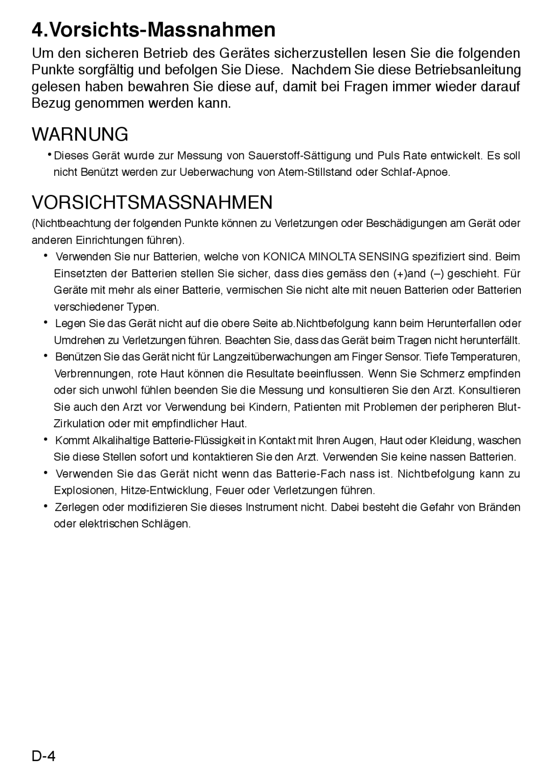 Konica Minolta PULSOXTM-2 instruction manual Vorsichts-Massnahmen, Warnung 