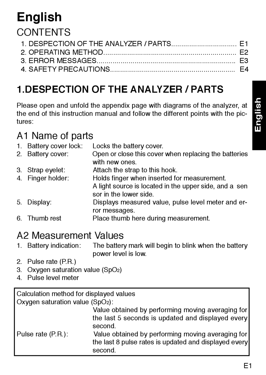 Konica Minolta PULSOXTM-2 instruction manual English, A1 Name of parts, A2 Measurement Values 