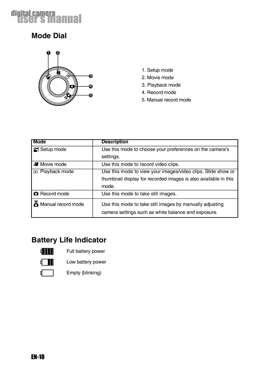 Konica Minolta Revio KD-3300 user manual Mode Dial, Battery Life Indicator, EN-10 