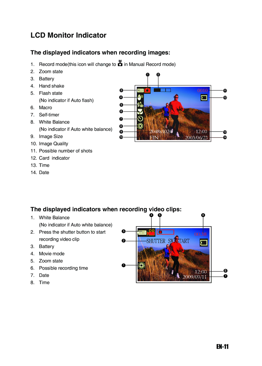 Konica Minolta Revio KD-3300 user manual LCD Monitor Indicator, Displayed indicators when recording images, EN-11 