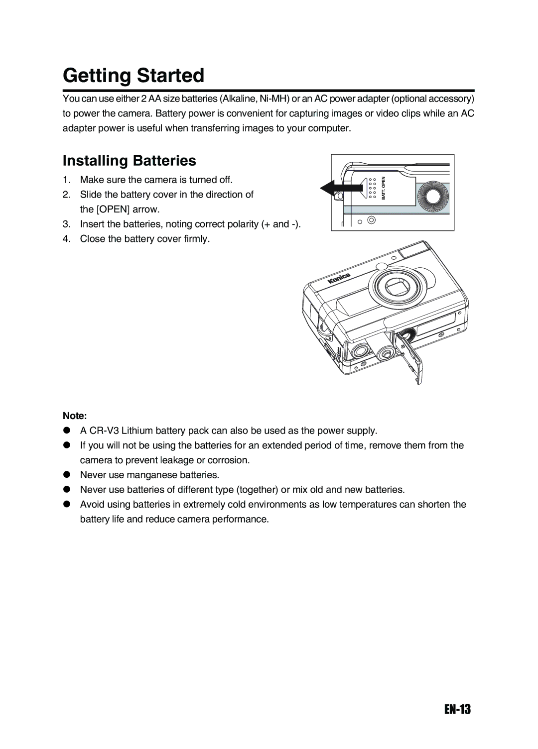 Konica Minolta Revio KD-3300 user manual Getting Started, Installing Batteries, EN-13 