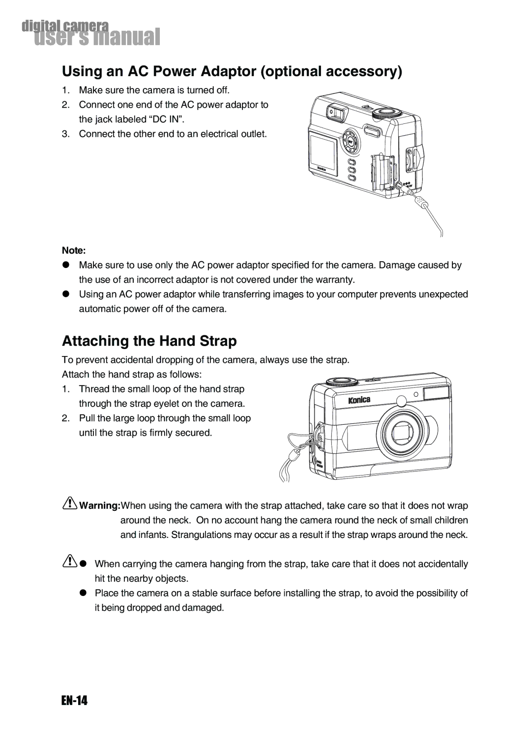 Konica Minolta Revio KD-3300 user manual Using an AC Power Adaptor optional accessory, Attaching the Hand Strap, EN-14 