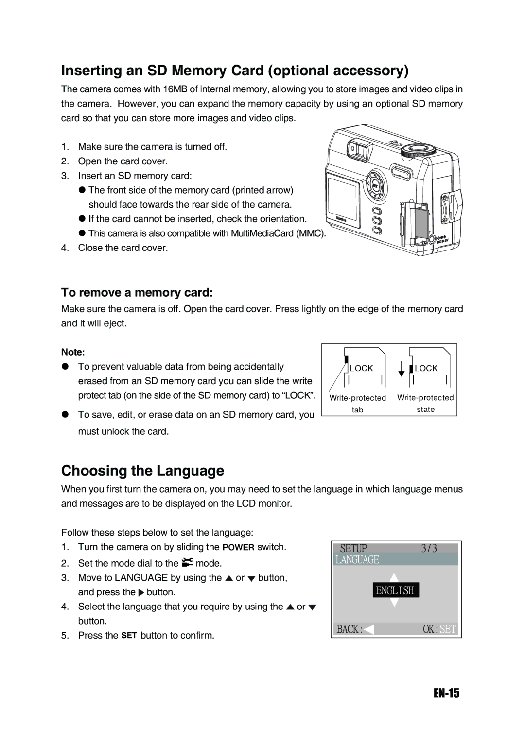 Konica Minolta Revio KD-3300 user manual Inserting an SD Memory Card optional accessory, Choosing the Language, EN-15 