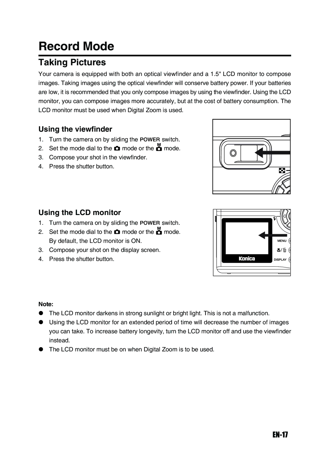 Konica Minolta Revio KD-3300 user manual Record Mode, Taking Pictures, Using the viewfinder, Using the LCD monitor, EN-17 