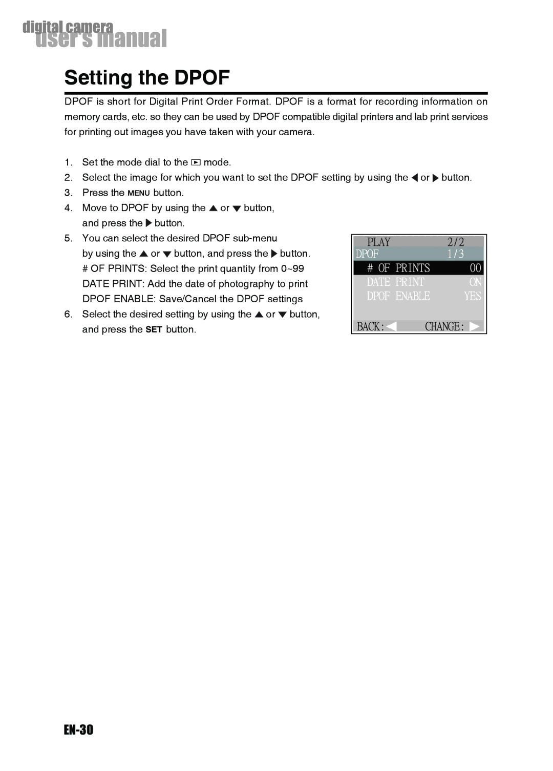 Konica Minolta Revio KD-3300 user manual Setting the Dpof, EN-30 