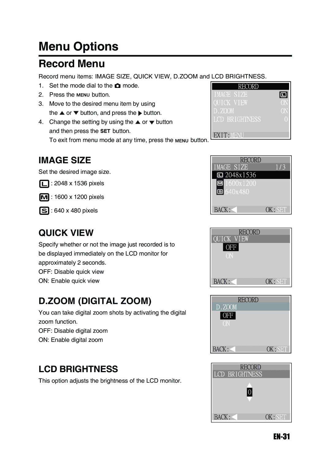 Konica Minolta Revio KD-3300 user manual Menu Options, Image Size, Quick View, Zoom Digital Zoom, LCD Brightness 