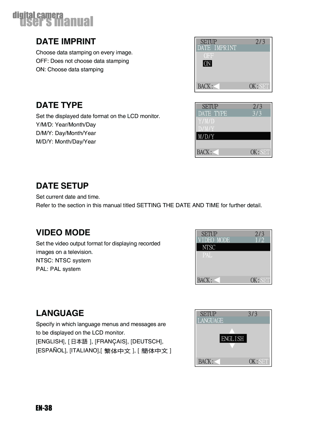 Konica Minolta Revio KD-3300 user manual Date Imprint, Date Type, Date Setup, Video Mode, Language 