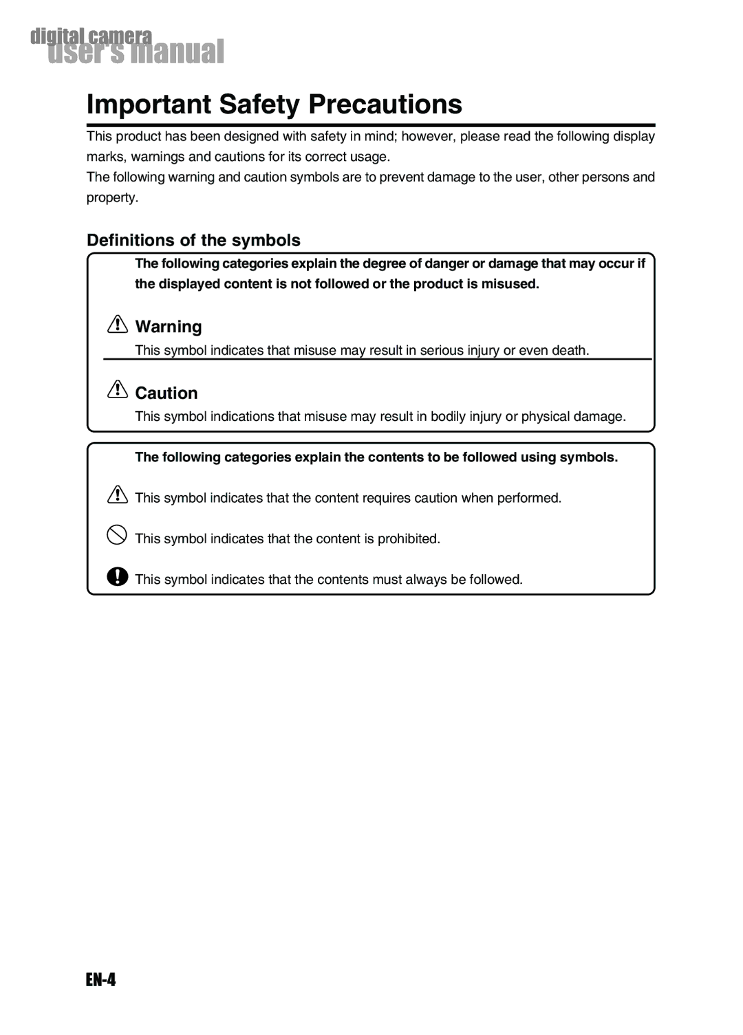 Konica Minolta Revio KD-3300 user manual Important Safety Precautions, Definitions of the symbols, EN-4 