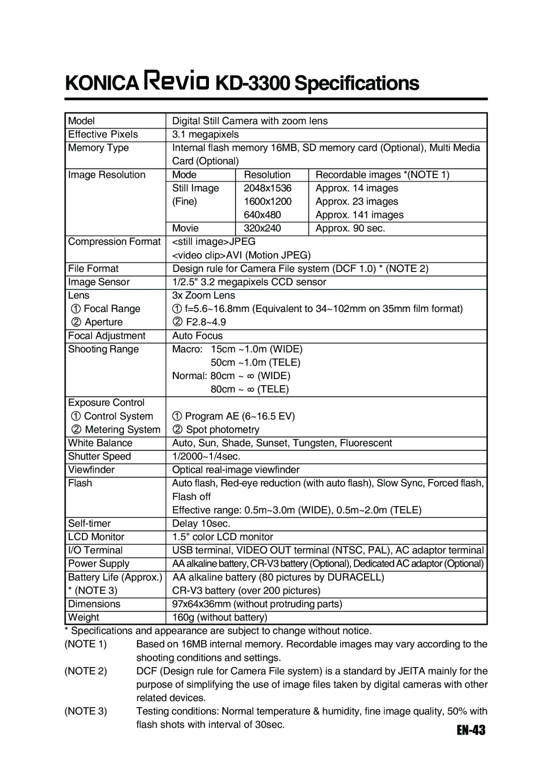 Konica Minolta Revio KD-3300 user manual Konica, KD-3300 Specifications 