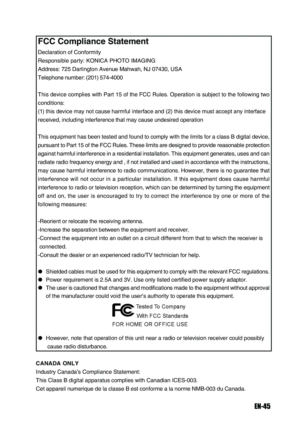 Konica Minolta Revio KD-3300 user manual FCC Compliance Statement, EN-45 