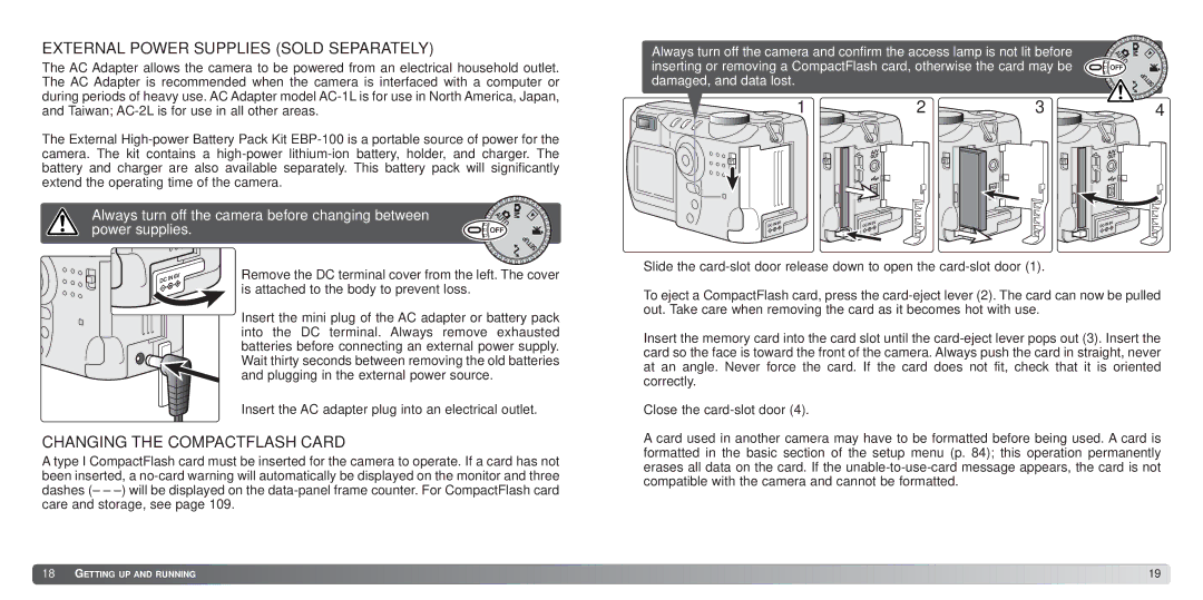 Konica Minolta S414 instruction manual External Power Supplies Sold Separately, Changing the Compactflash Card 