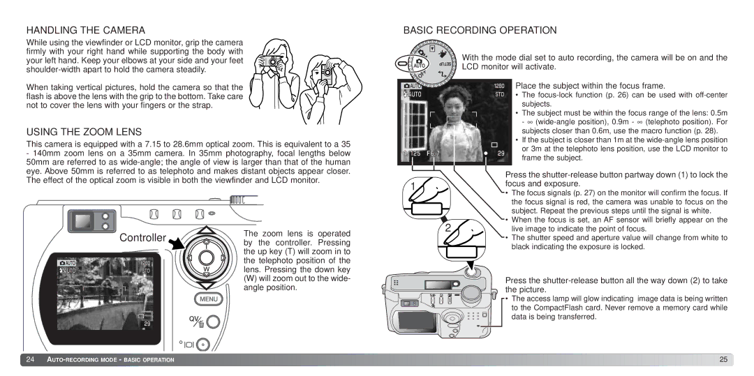 Konica Minolta S414 instruction manual Handling the Camera, Using the Zoom Lens, Basic Recording Operation 