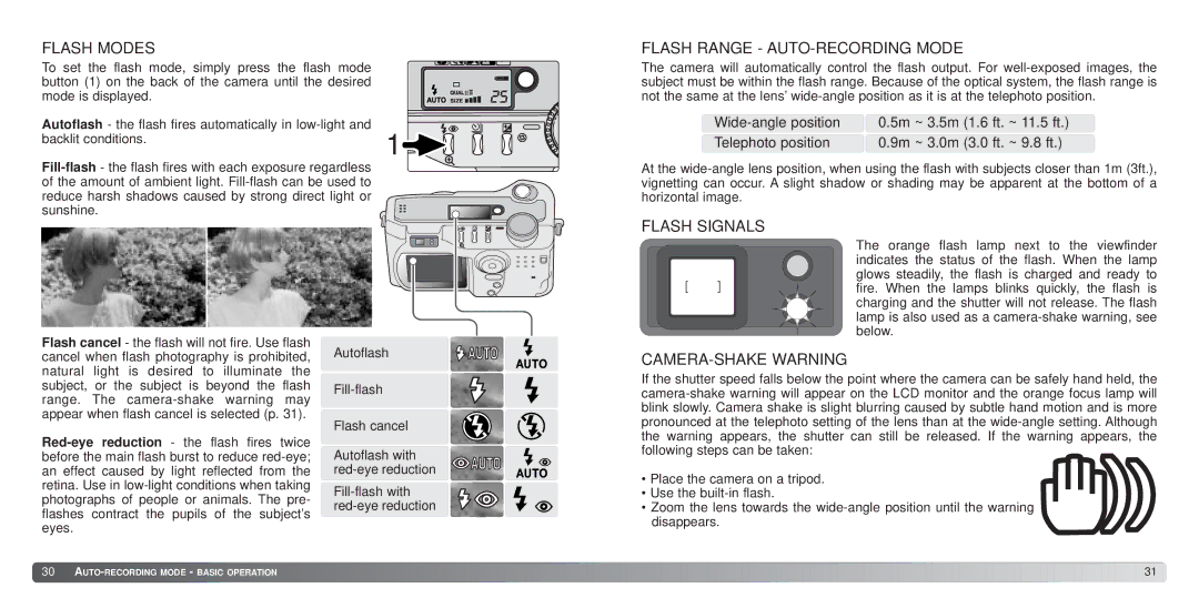 Konica Minolta S414 instruction manual Flash Modes Flash Range AUTO-RECORDING Mode, Flash Signals, CAMERA-SHAKE Warning 