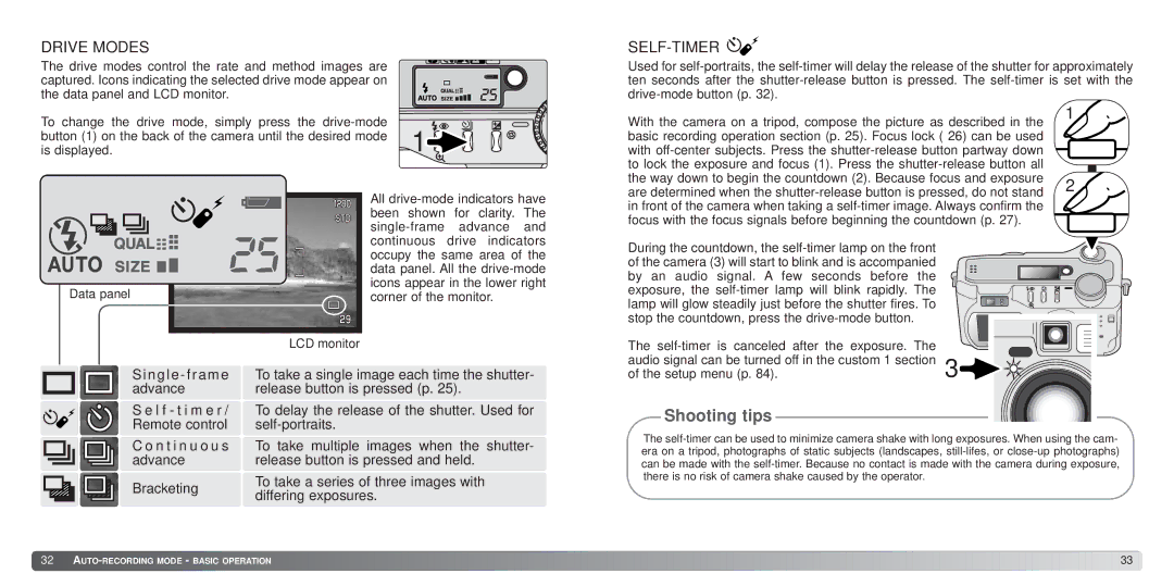 Konica Minolta S414 instruction manual Drive Modes, Self-Timer, N g l e f r a m e advance 