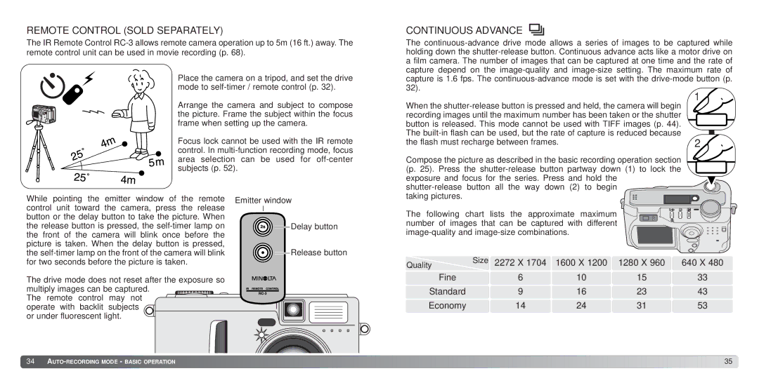 Konica Minolta S414 instruction manual Remote Control Sold Separately, Continuous Advance 