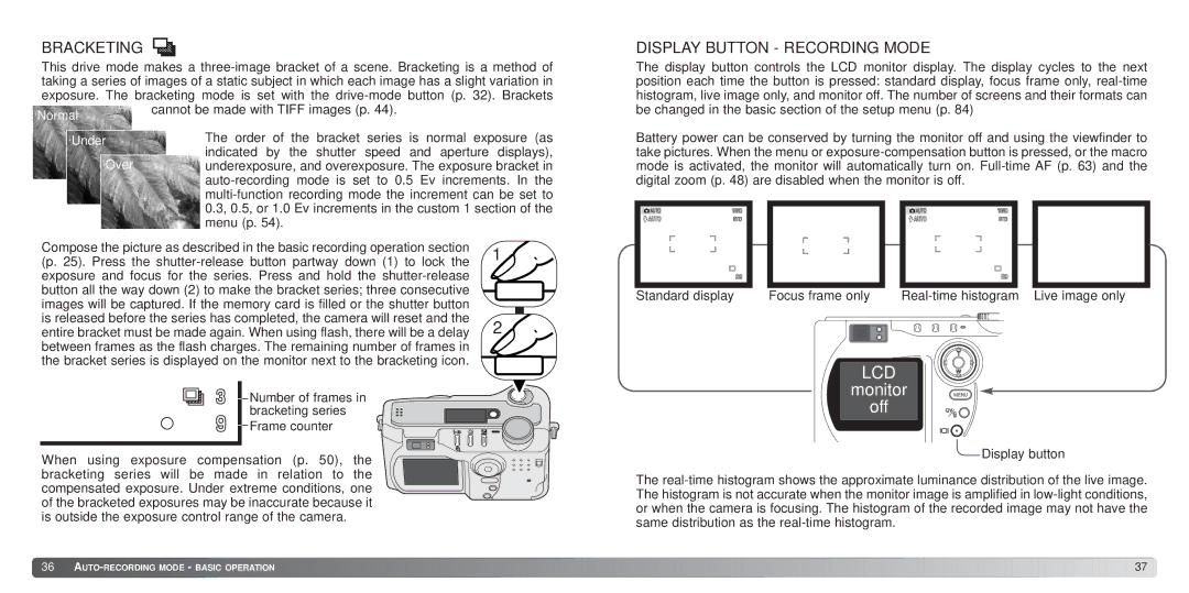 Konica Minolta S414 instruction manual Bracketing, Display Button Recording Mode 