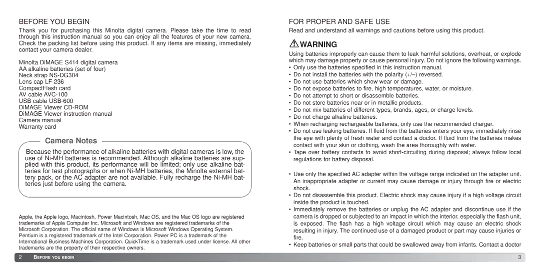 Konica Minolta S414 instruction manual Before YOU Begin, For Proper and Safe USE 