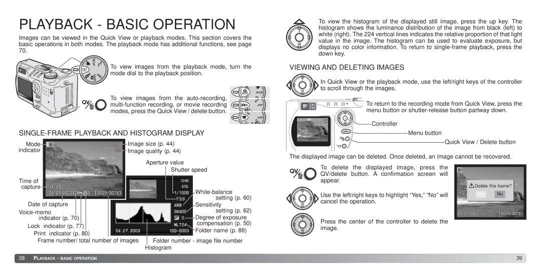 Konica Minolta S414 instruction manual SINGLE-FRAME Playback and Histogram Display, Viewing and Deleting Images 