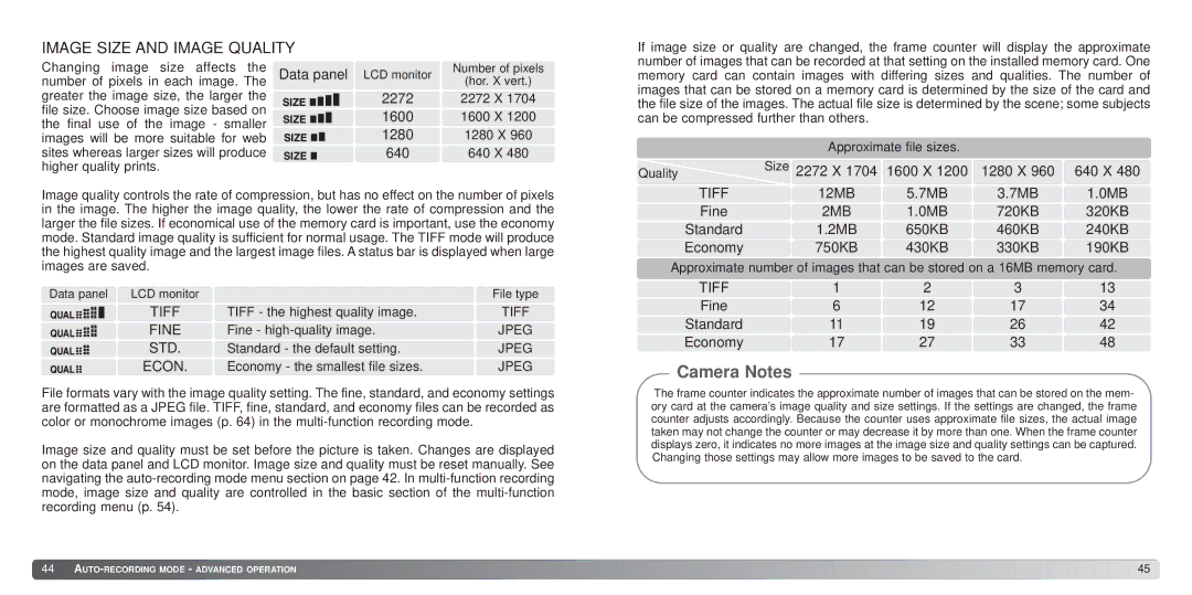 Konica Minolta S414 instruction manual Image Size and Image Quality 