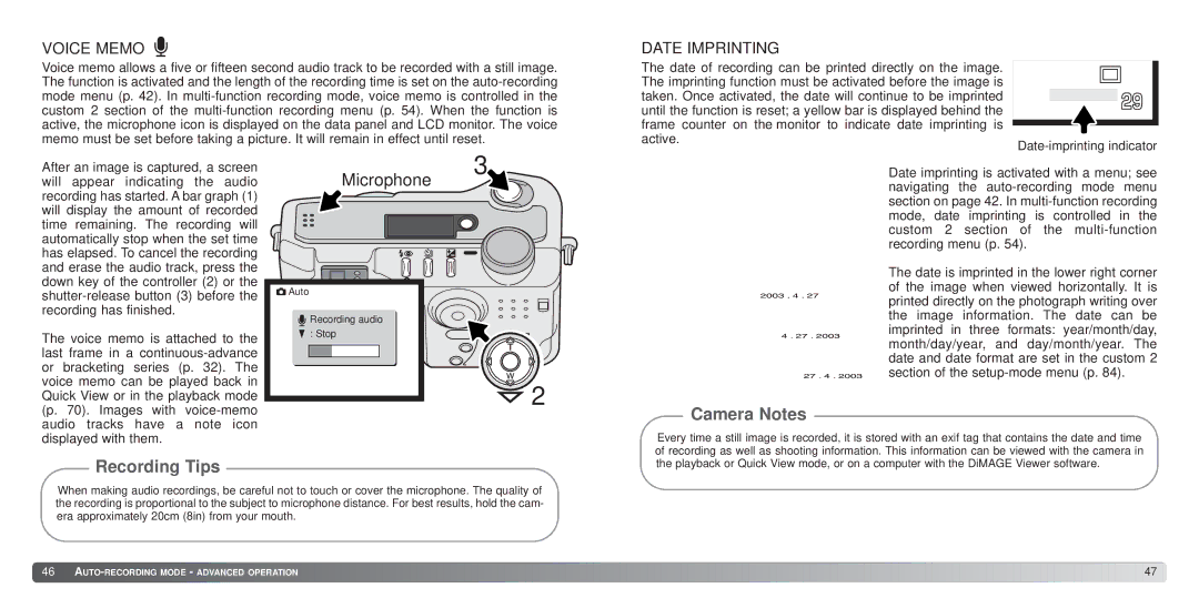 Konica Minolta S414 instruction manual Voice Memo, Date Imprinting 