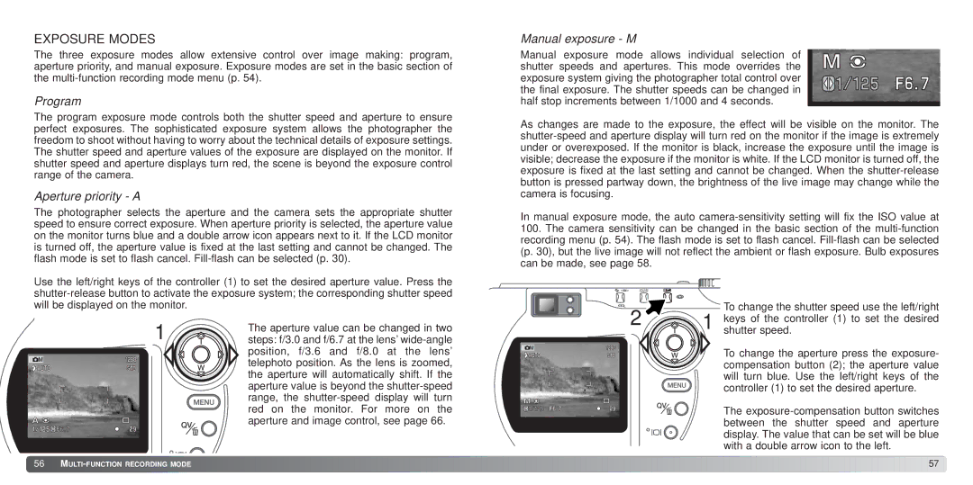 Konica Minolta S414 instruction manual Exposure Modes, Program, Aperture priority a, Manual exposure M 