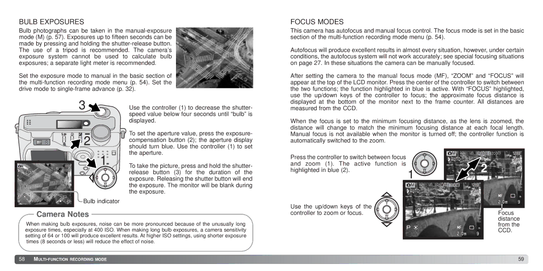 Konica Minolta S414 instruction manual Bulb Exposures, Focus Modes 