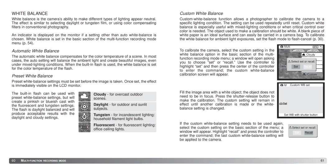 Konica Minolta S414 instruction manual Custom White Balance, Automatic White Balance, Preset White Balance 