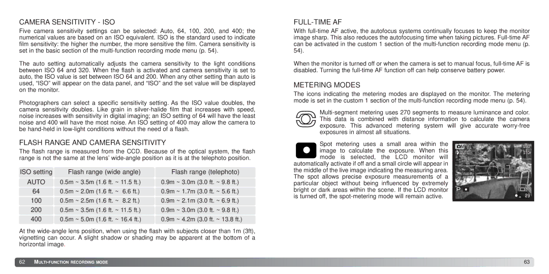 Konica Minolta S414 Camera Sensitivity ISO, Flash Range and Camera Sensitivity, Full-Time Af, Metering Modes 
