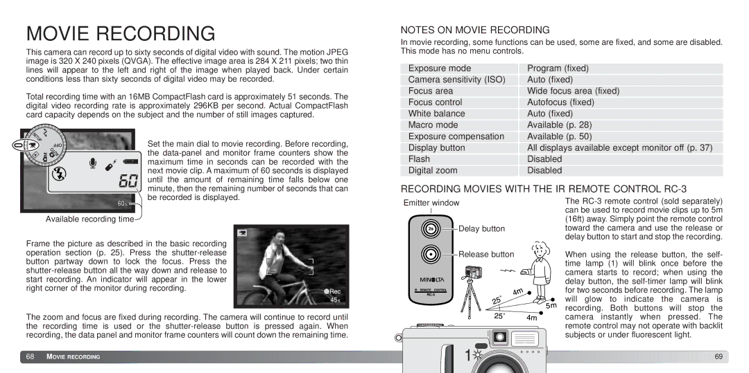 Konica Minolta S414 instruction manual Movie Recording, Recording Movies with the IR Remote Control RC-3 