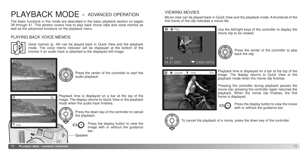 Konica Minolta S414 instruction manual Viewing Movies, Playing Back Voice Memos 