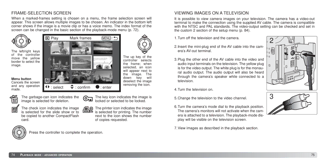 Konica Minolta S414 FRAME-SELECTION Screen, Viewing Images on a Television, Play Mark frames Select Confirm Enter 