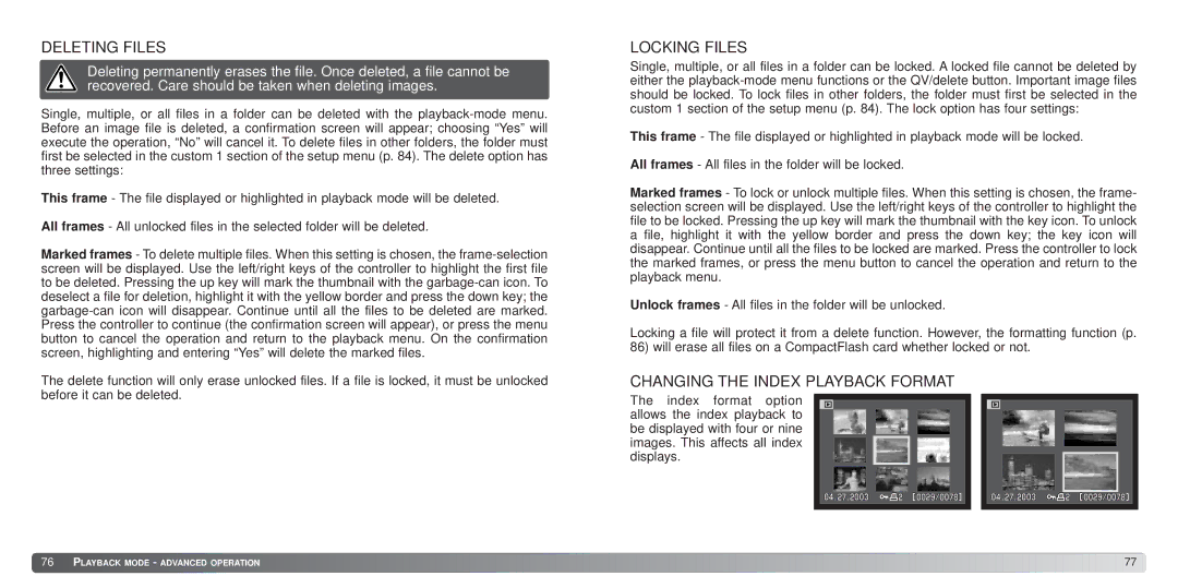 Konica Minolta S414 instruction manual Deleting Files, Locking Files, Changing the Index Playback Format 