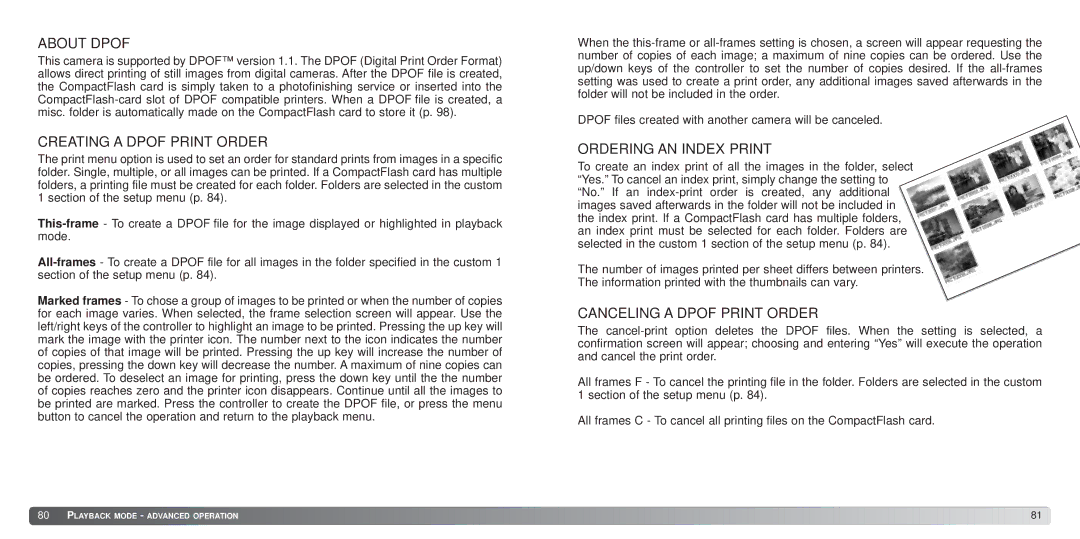 Konica Minolta S414 About Dpof, Creating a Dpof Print Order, Ordering AN Index Print, Canceling a Dpof Print Order 