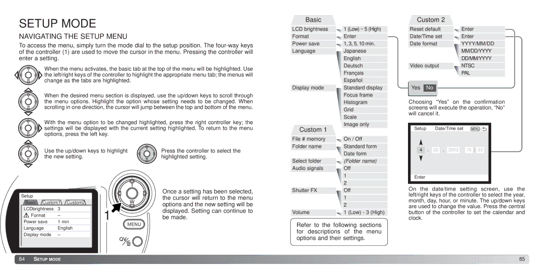 Konica Minolta S414 instruction manual Setup Mode, Navigating the Setup Menu 