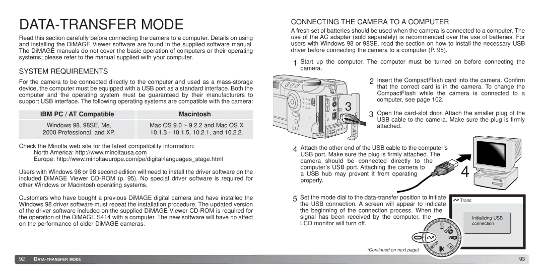 Konica Minolta S414 instruction manual System Requirements, Connecting the Camera to a Computer 