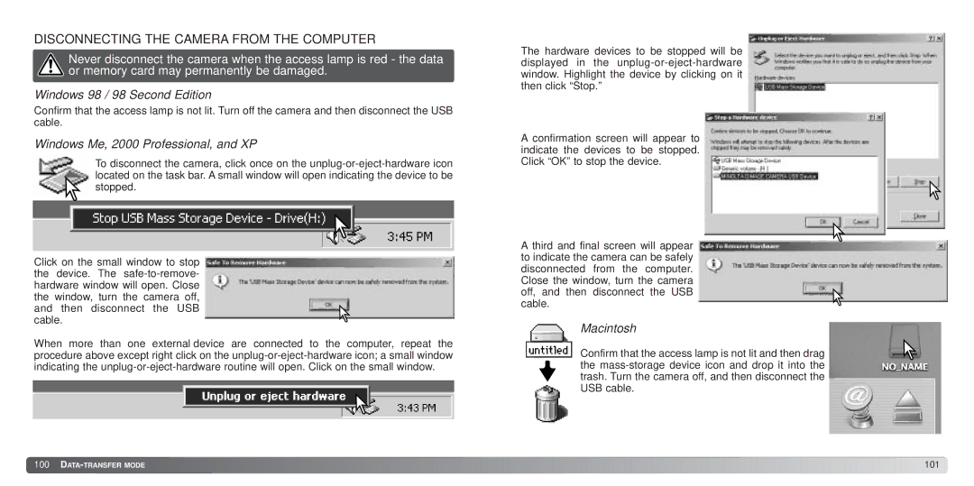 Konica Minolta S414 Disconnecting the Camera from the Computer, Windows 98 / 98 Second Edition, Macintosh 