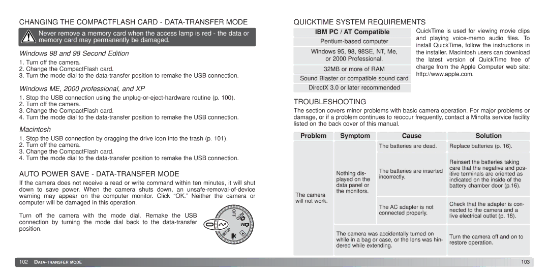 Konica Minolta S414 Troubleshooting, Auto Power Save DATA-TRANSFER Mode, Windows 98 and 98 Second Edition 