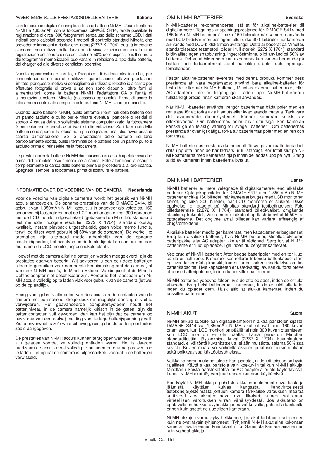 Konica Minolta S414 instruction manual Om Ni-Mh-Batterier 