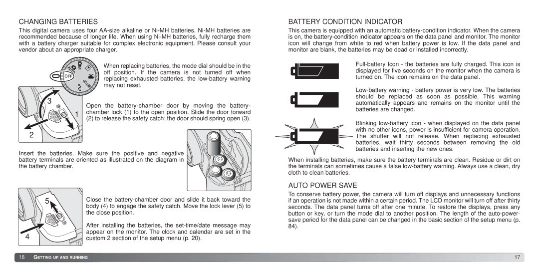 Konica Minolta S414 instruction manual Changing Batteries, Battery Condition Indicator, Auto Power Save 