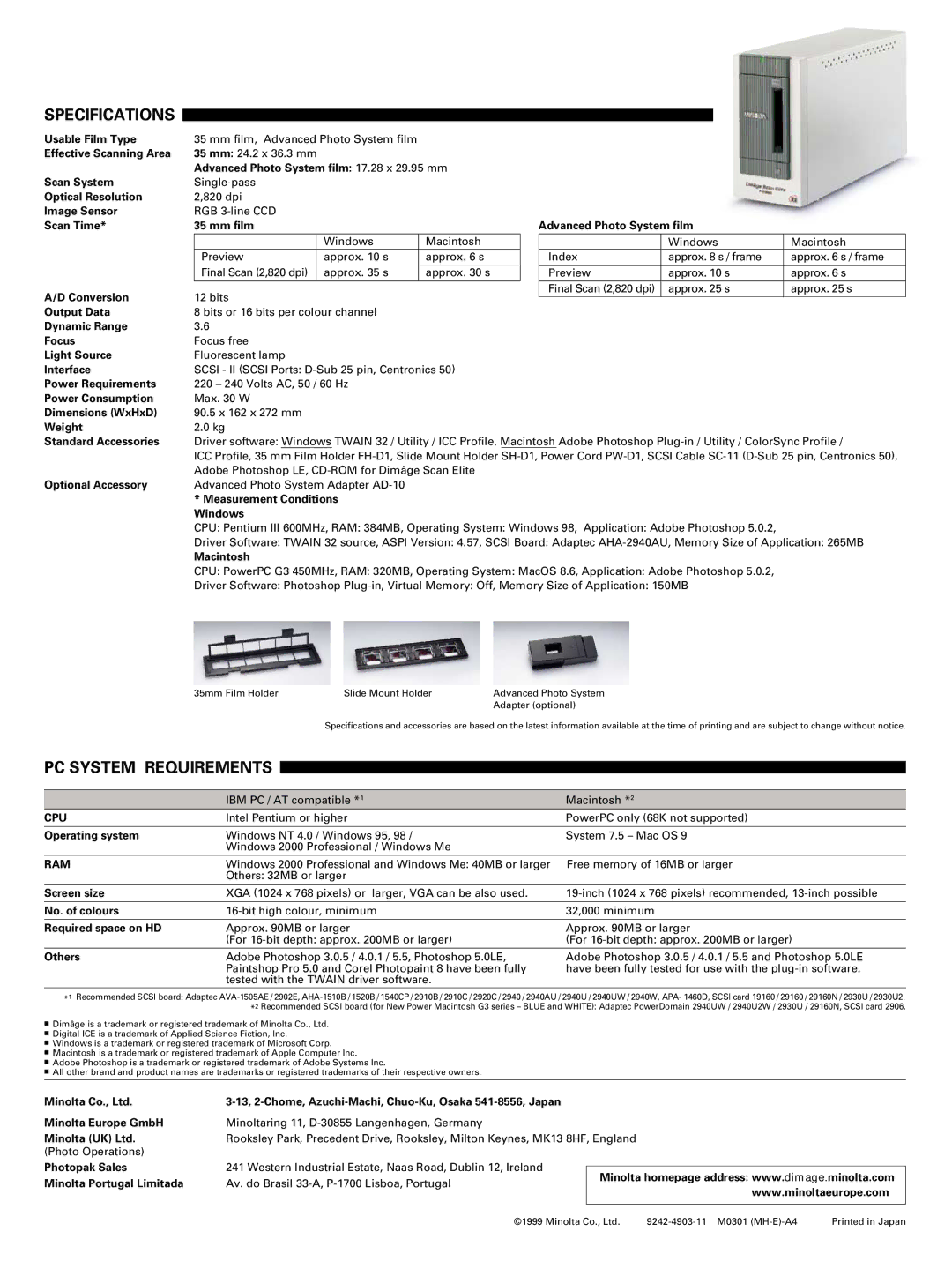 Konica Minolta Scan Elite I specifications Specifications, PC System Requirements, Cpu, Ram 