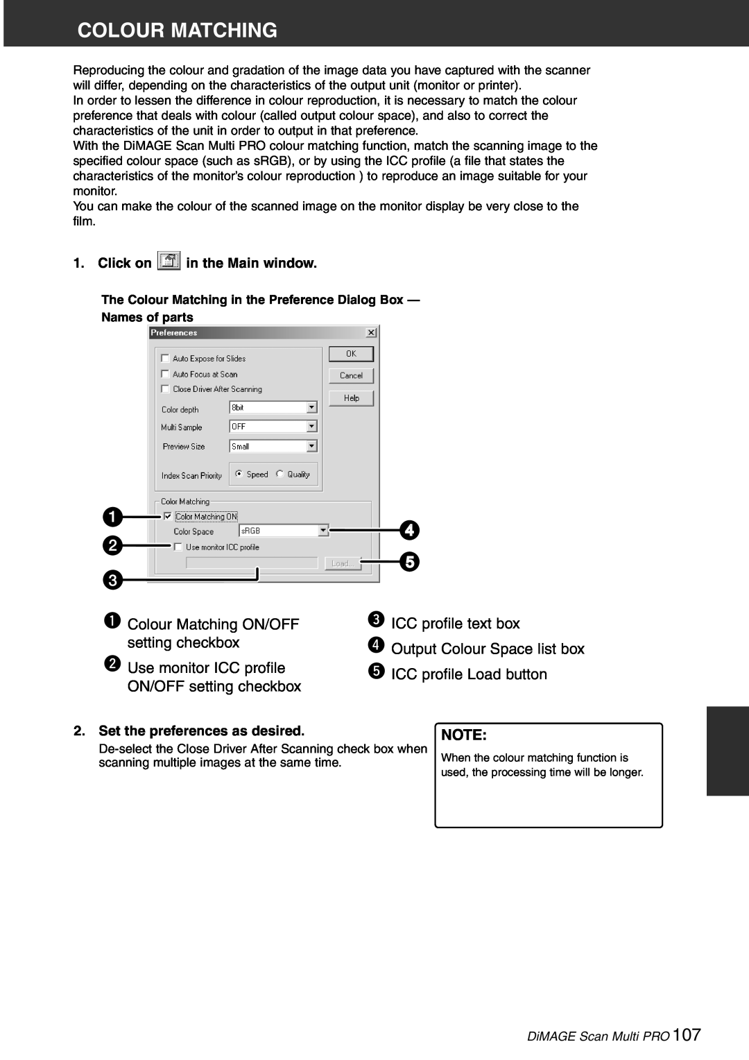 Konica Minolta Scan Multi PRO Colour Matching ON/OFF, ICC profile text box, setting checkbox, Use monitor ICC profile 