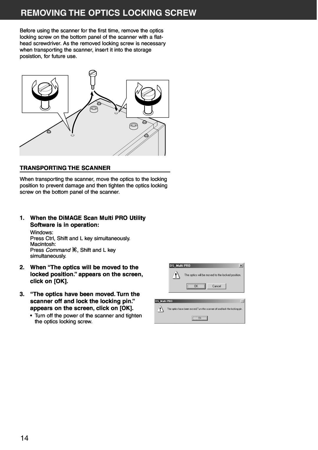 Konica Minolta Scan Multi PRO instruction manual Removing The Optics Locking Screw, Transporting The Scanner 