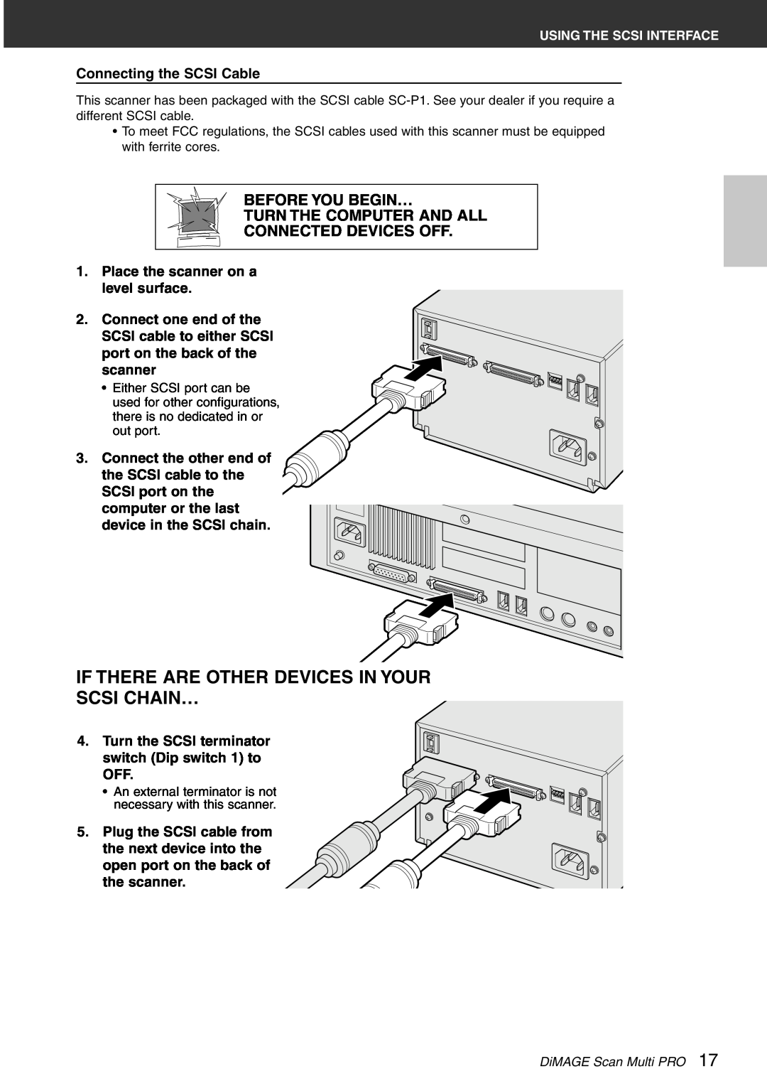 Konica Minolta Scan Multi PRO instruction manual If There Are Other Devices In Your Scsi Chain…, Connecting the SCSI Cable 