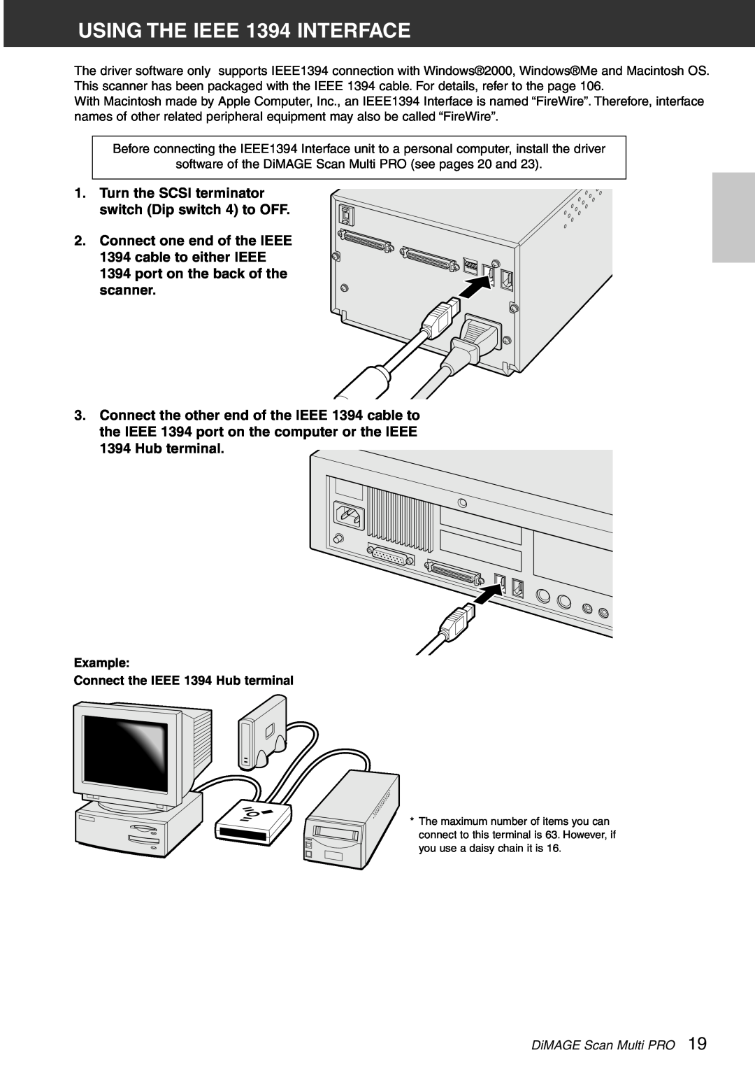 Konica Minolta Scan Multi PRO USING THE IEEE 1394 INTERFACE, Turn the SCSI terminator switch Dip switch 4 to OFF 