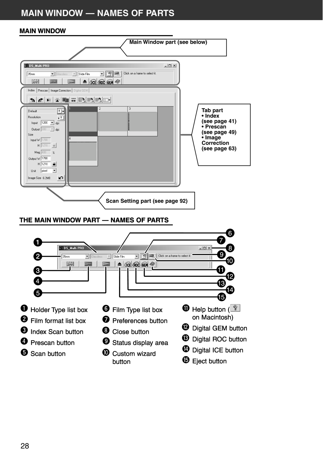 Konica Minolta Scan Multi PRO instruction manual Main Window - Names Of Parts, The Main Window Part - Names Of Parts 