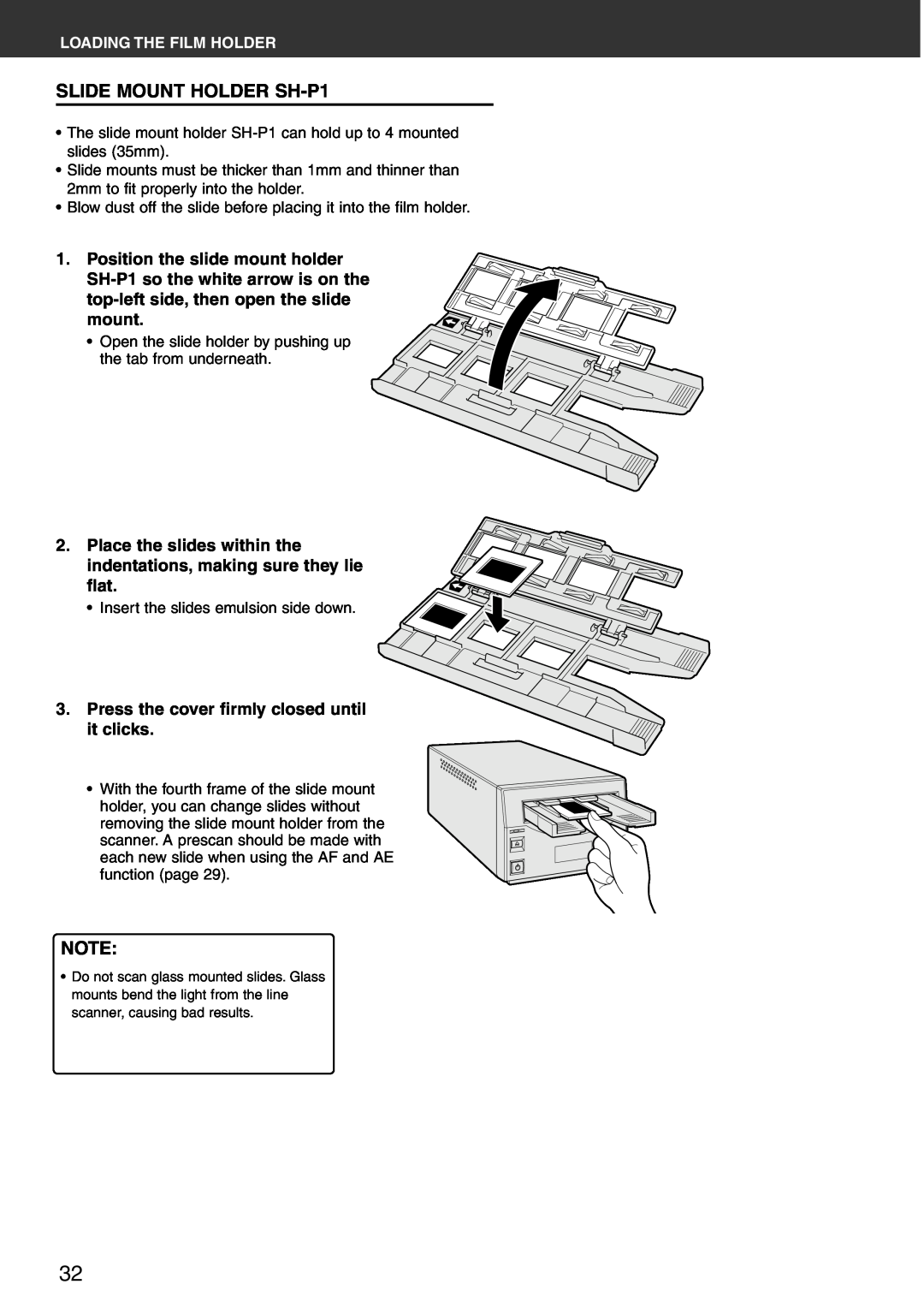 Konica Minolta Scan Multi PRO instruction manual SLIDE MOUNT HOLDER SH-P1, Press the cover firmly closed until it clicks 