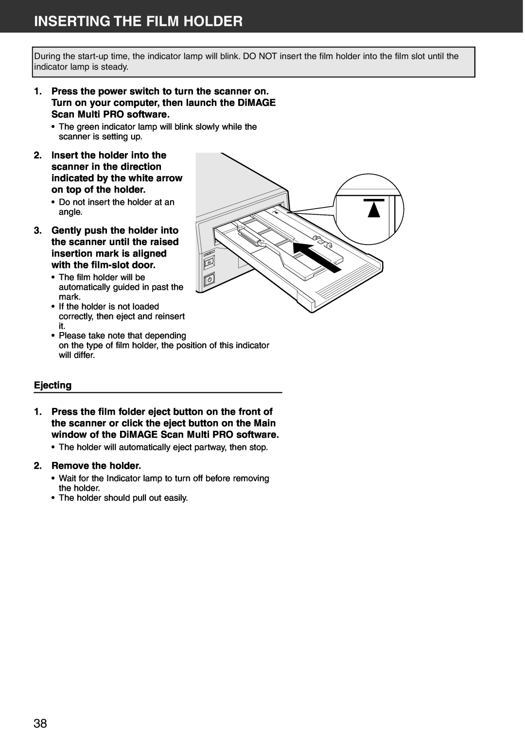 Konica Minolta Scan Multi PRO instruction manual Inserting The Film Holder, Ejecting, Remove the holder 
