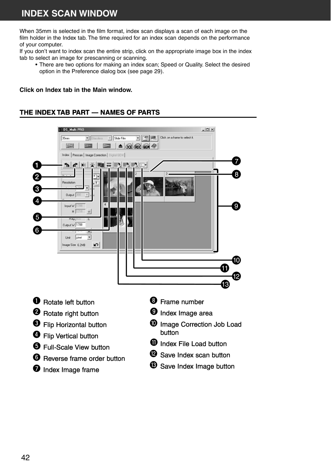 Konica Minolta Scan Multi PRO instruction manual Index Scan Window, The Index Tab Part - Names Of Parts 
